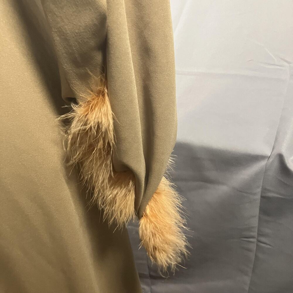 Vintage Beige Maxi Dress Womens Medium 70s Mod Long Sleeve Fur Cuff Evening Gown - Picture 13 of 16